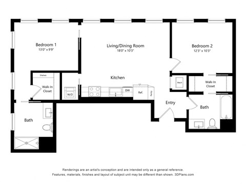 Floor plan for 2 beds, 2 baths, 985 sqft